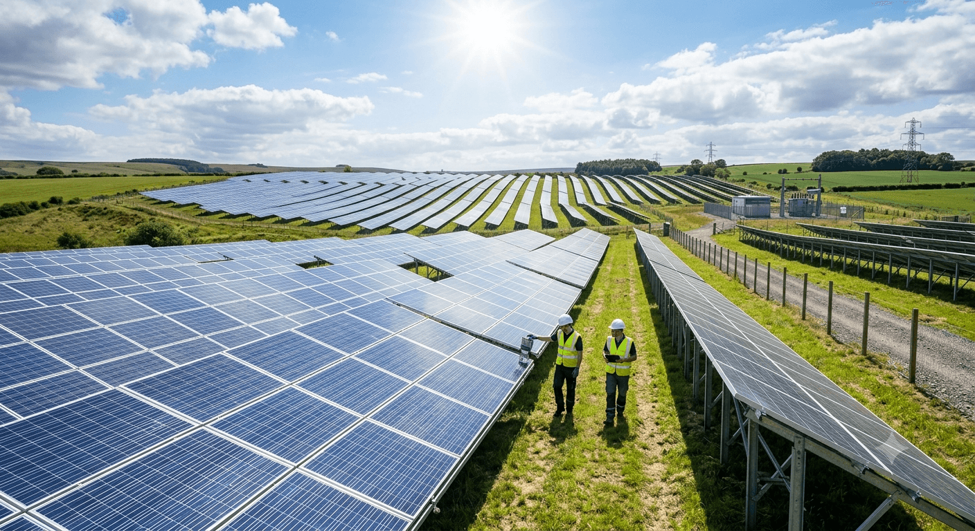 Engineers inspecting a commercial solar panel installation